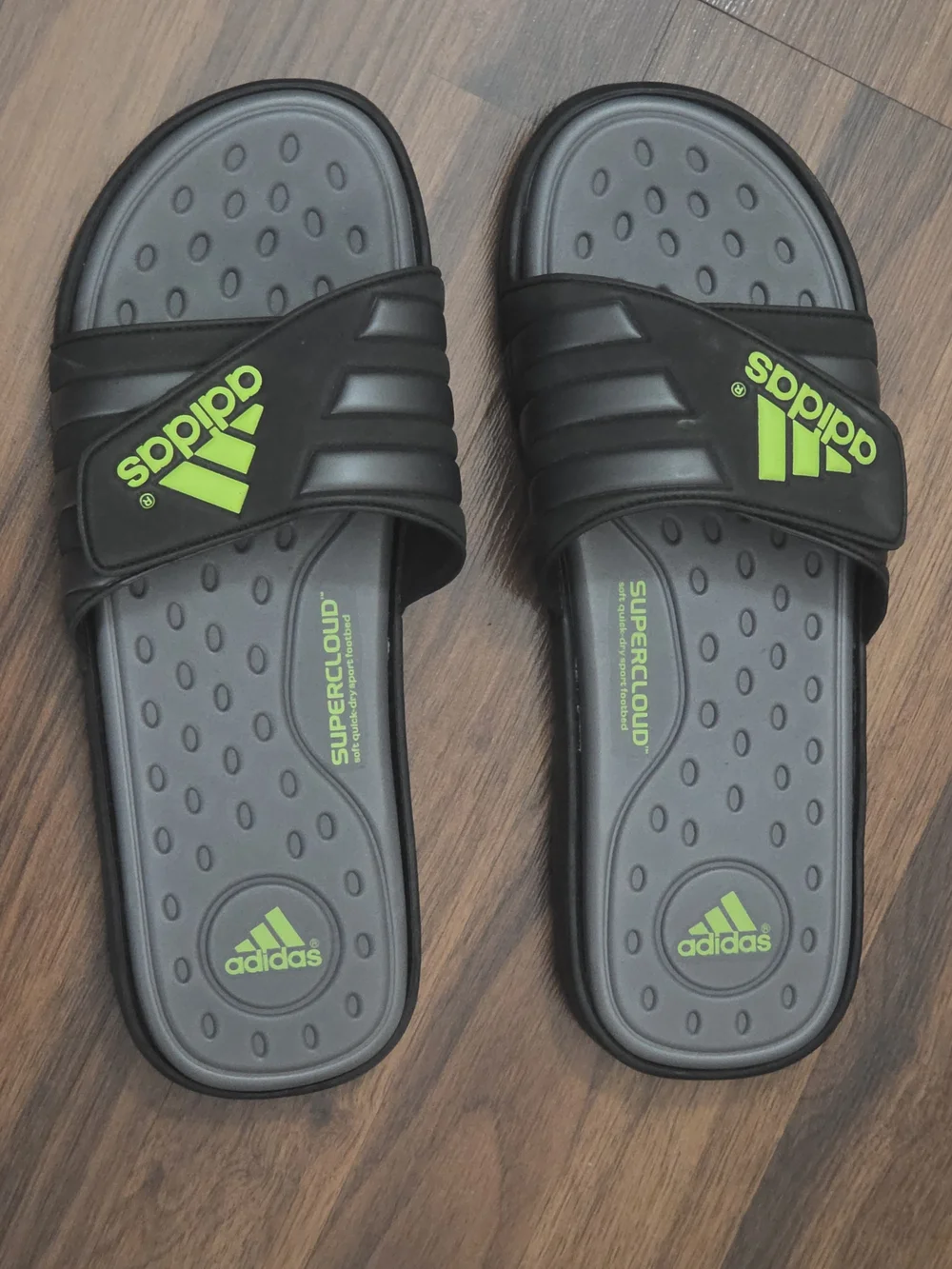 adidas Black Slide Sandals with Neon Green Logos
